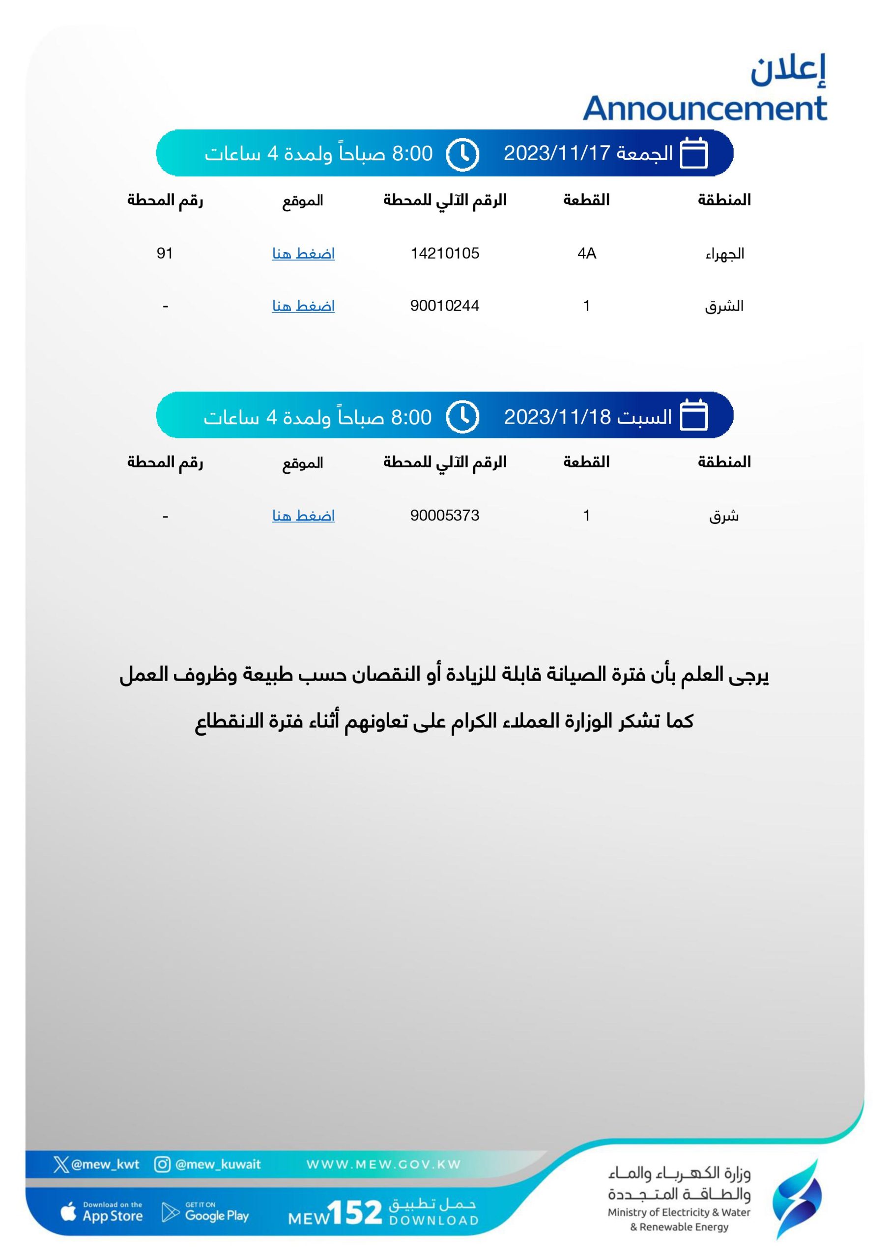 لمدة أسبوع.. انقطاع التيار الكهربائي بمحافظات الكويت الـ 6 بسبب الصيانة