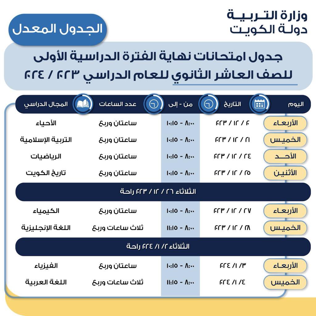 عاجل.. ننشر موعد و جدول اختبارات المتوسطة و الثانوية بعد تأجيلها لوفاة أمير البلاد