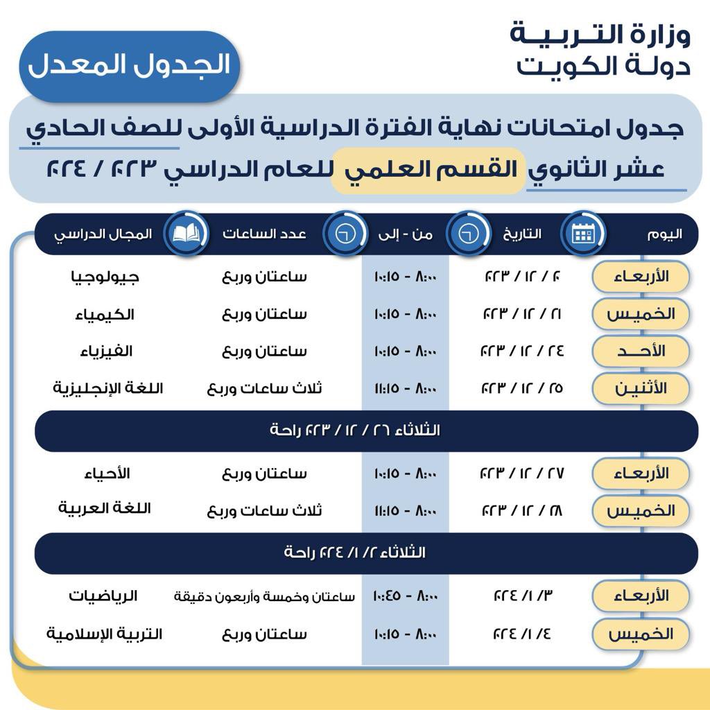 عاجل.. ننشر موعد و جدول اختبارات المتوسطة و الثانوية بعد تأجيلها لوفاة أمير البلاد