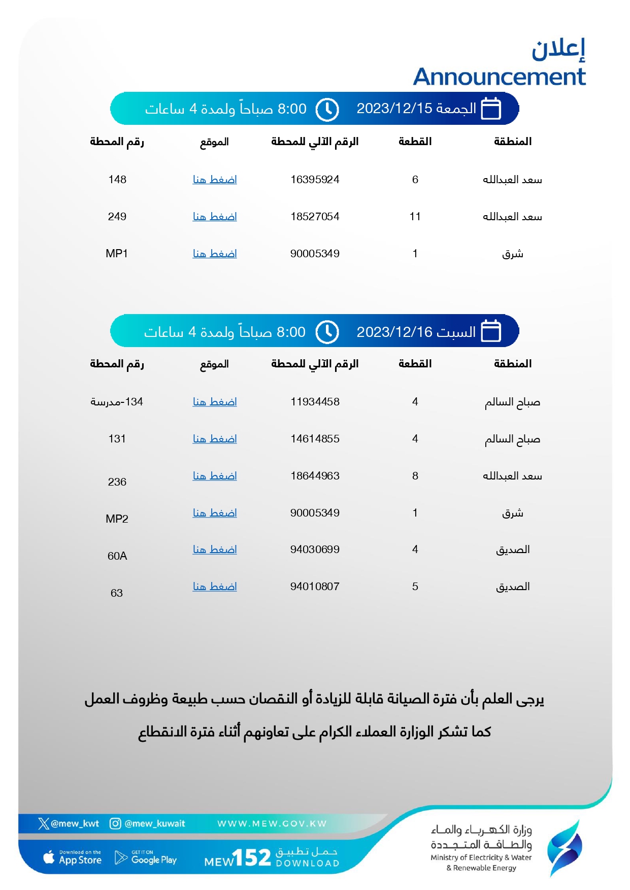 اليوم.. بدء انقطاع التيار الكهربائي لمدة اسبوع في بعض المناطق بالكويت